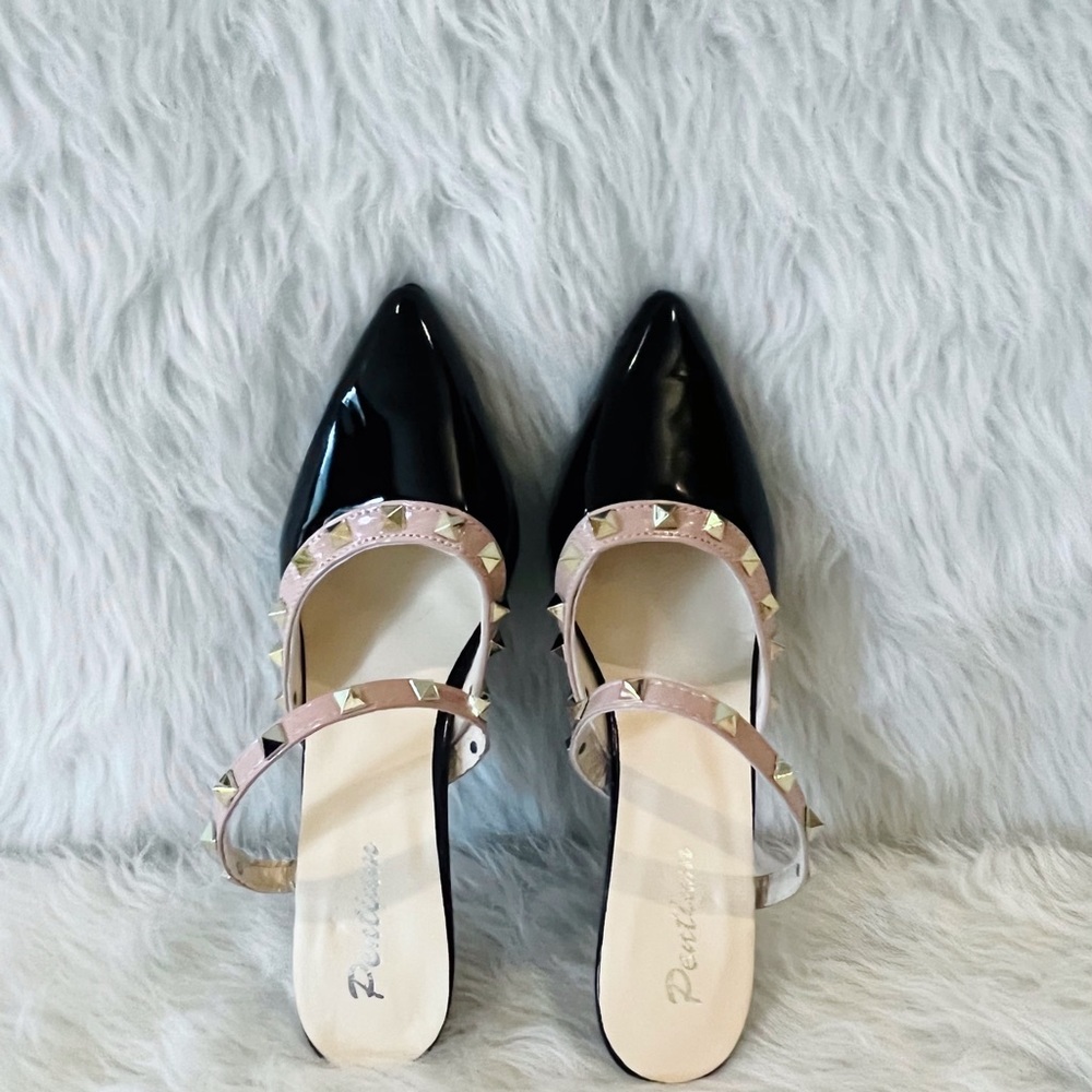 Black Gold Studded Pointed Heels Sz 7 - Picture 3 of 9